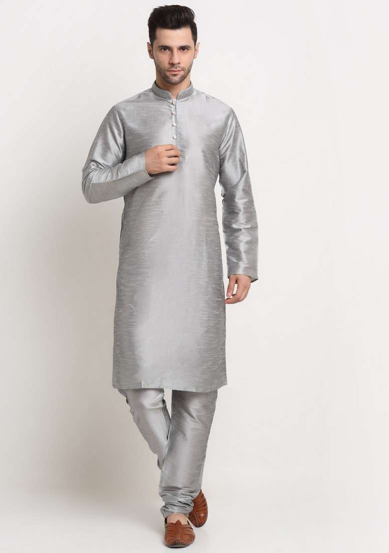 Silver And Pink Solid Silk Blend Nehru Jacket Set For Men - Indya