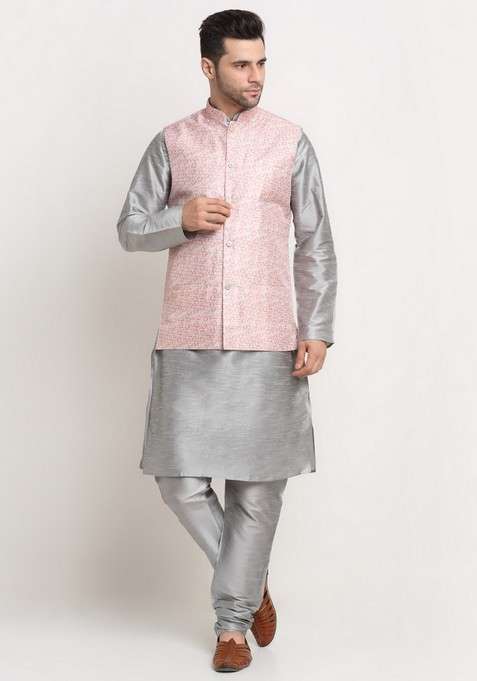 Silver And Pink Solid Silk Blend Nehru Jacket Set For Men