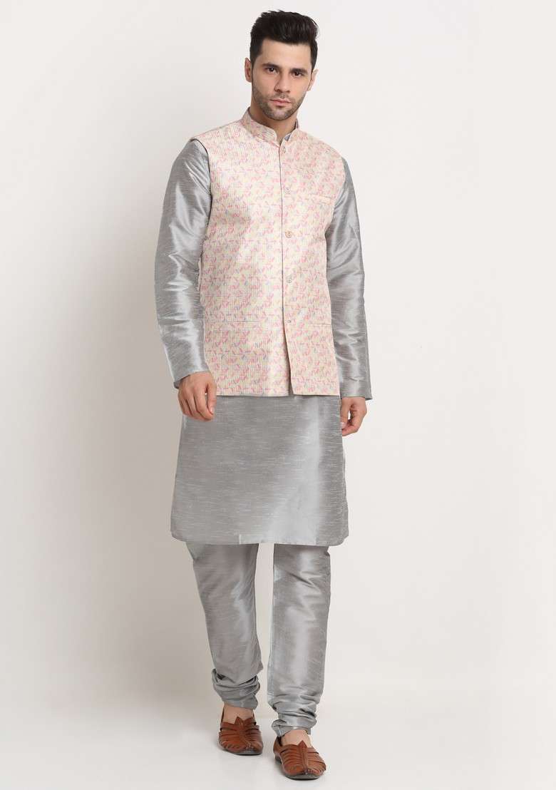 Silver And Yellow Solid Silk Blend Nehru Jacket Set For Men - Indya