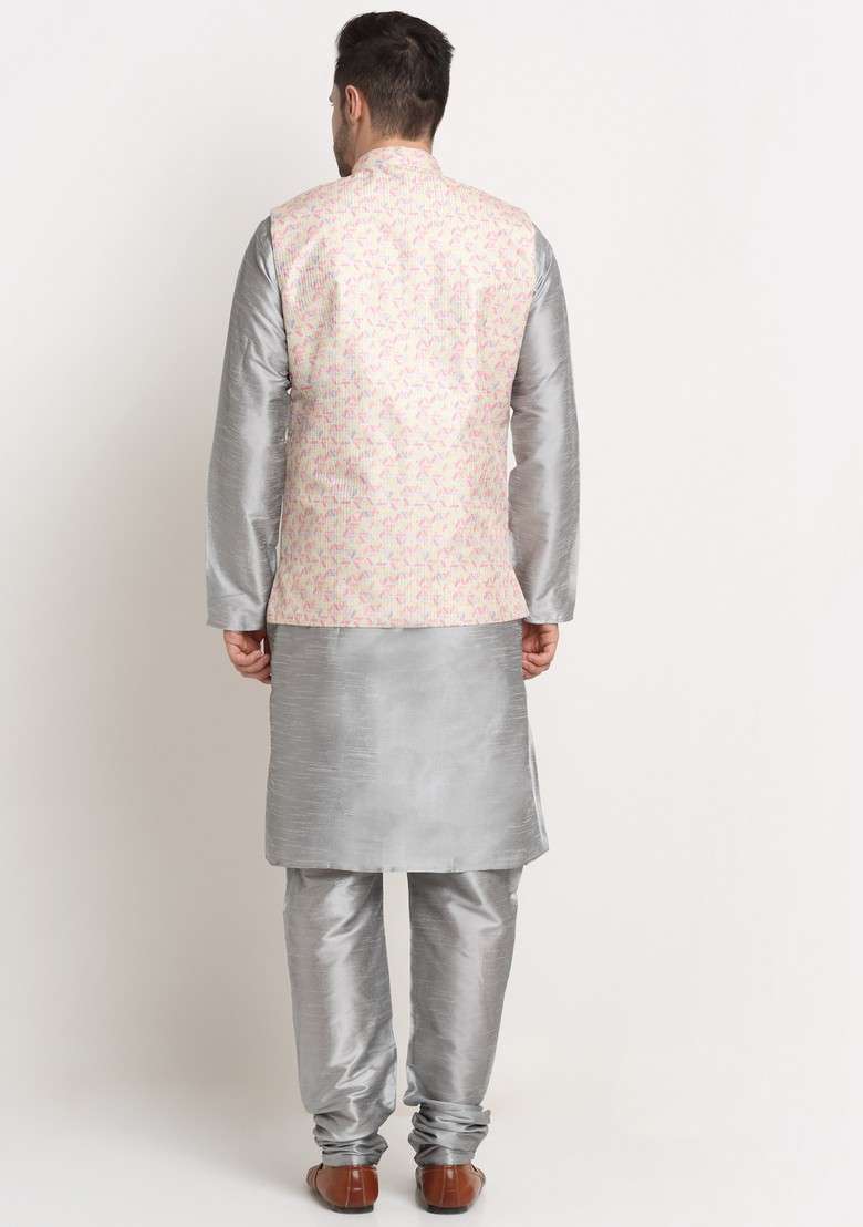 Silver And Yellow Solid Silk Blend Nehru Jacket Set For Men - Indya