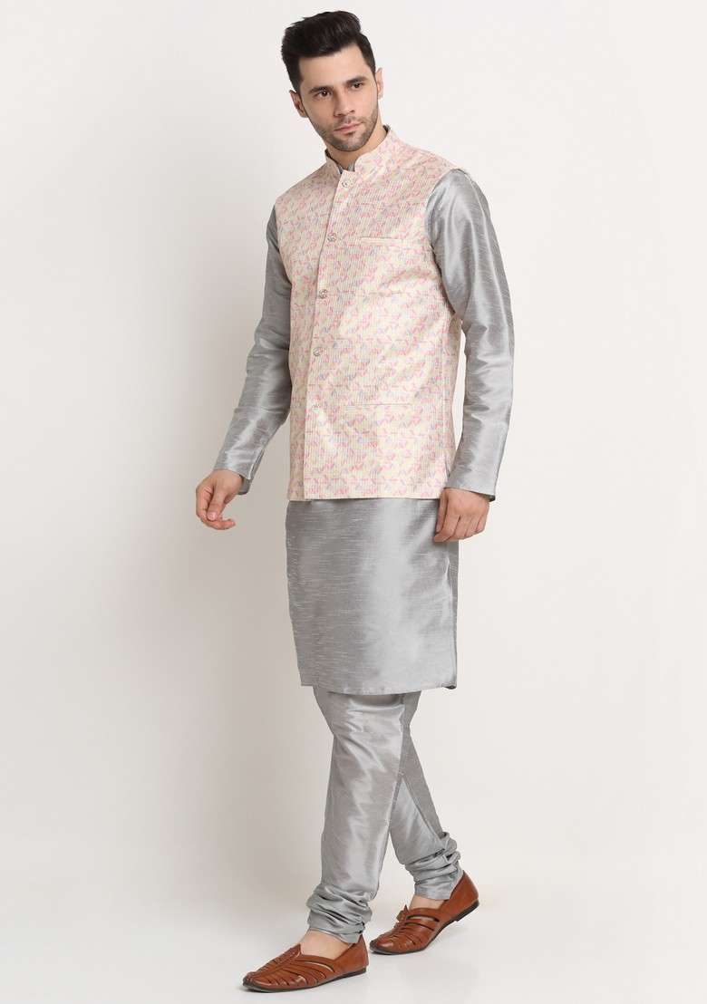 Silver And Yellow Solid Silk Blend Nehru Jacket Set For Men - Indya