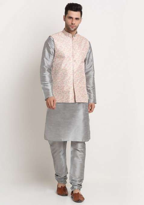 Silver And Yellow Solid Silk Blend Nehru Jacket Set For Men