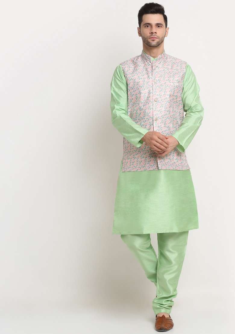 Sea Green And Green Solid Silk Blend Nehru Jacket Set For Men - Indya
