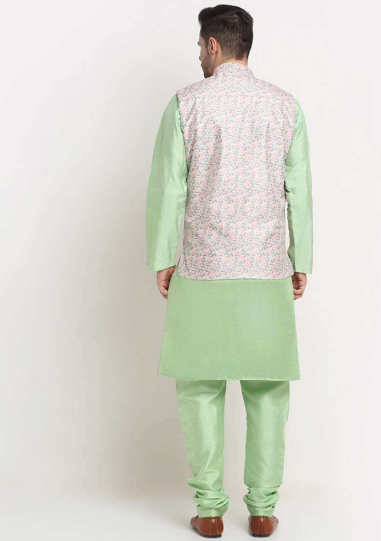 Sea Green And Green Solid Silk Blend Nehru Jacket Set For Men - Indya