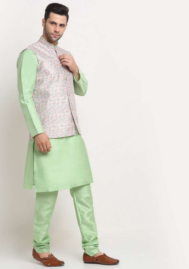 Sea Green And Green Solid Silk Blend Nehru Jacket Set For Men - Indya