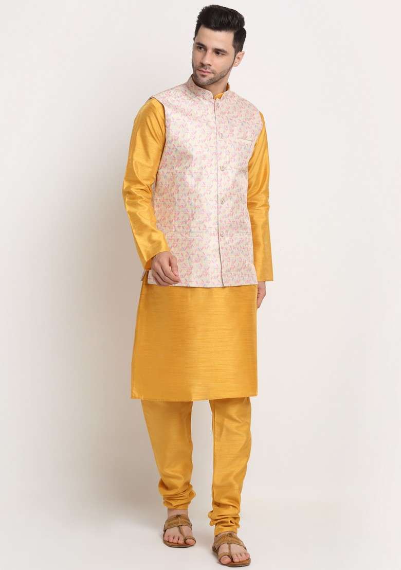Mustard Yellow Solid Silk Blend Nehru Jacket Set For Men - Indya