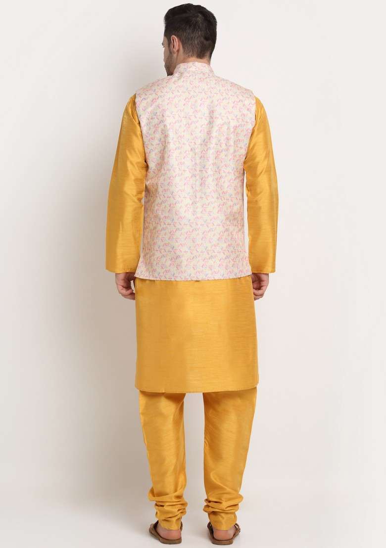 Mustard Yellow Solid Silk Blend Nehru Jacket Set For Men - Indya