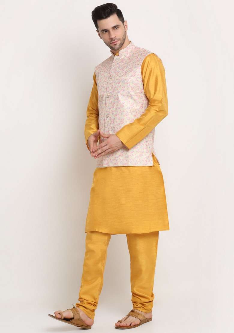Mustard Yellow Solid Silk Blend Nehru Jacket Set For Men - Indya