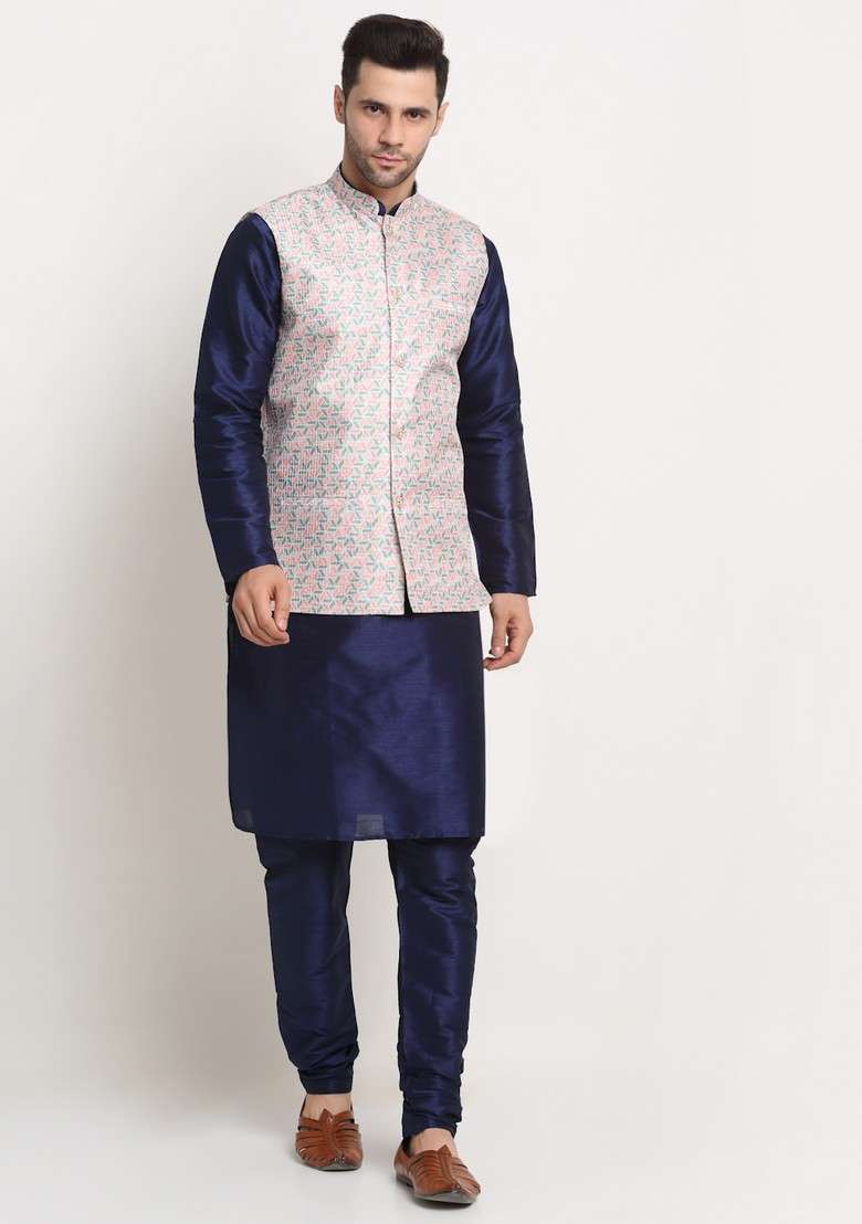 Navy Blue And Green Solid Silk Blend Nehru Jacket Set For Men - Indya