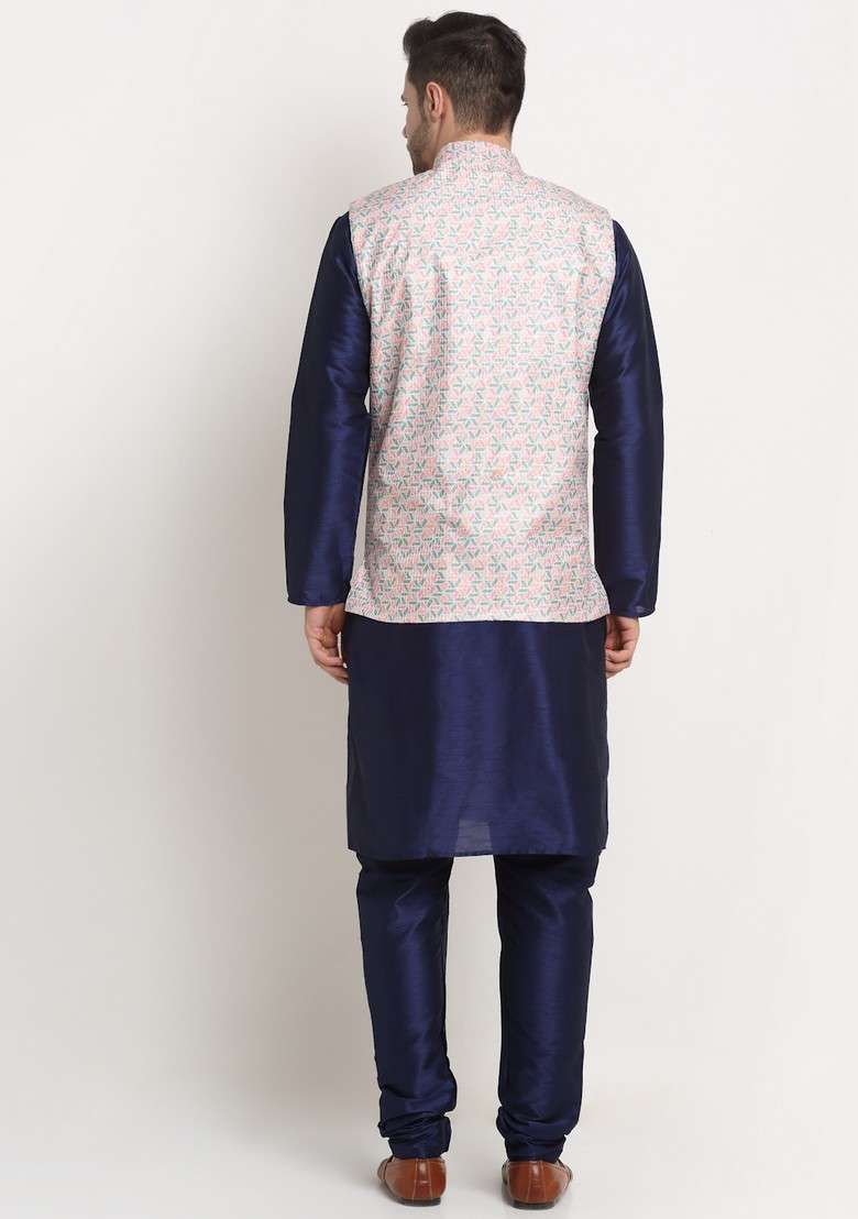 Navy Blue And Green Solid Silk Blend Nehru Jacket Set For Men - Indya