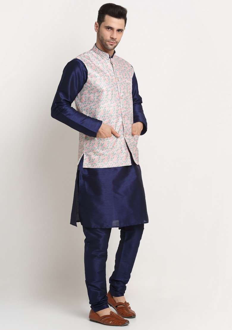 Navy Blue And Green Solid Silk Blend Nehru Jacket Set For Men - Indya