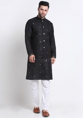 Black Embroidered Cotton Blend Nehru Jacket Set For Men
