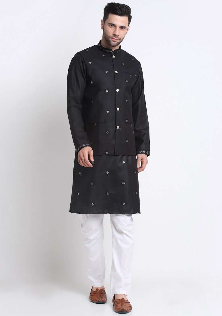 Black Embroidered Cotton Blend Nehru Jacket Set For Men - Indya