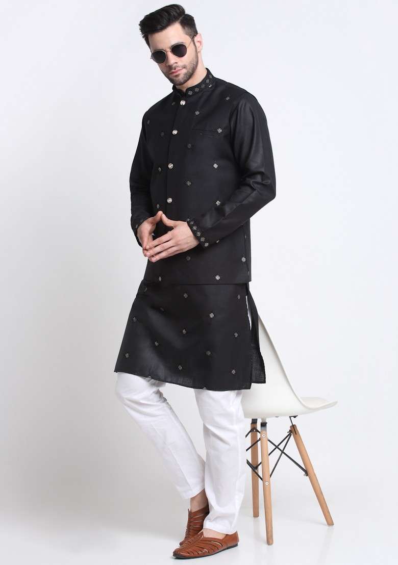 Black Embroidered Cotton Blend Nehru Jacket Set For Men - Indya