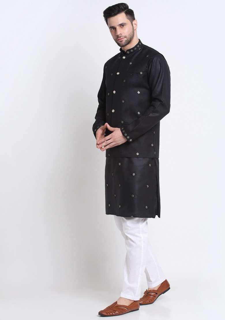 Black Embroidered Cotton Blend Nehru Jacket Set For Men - Indya