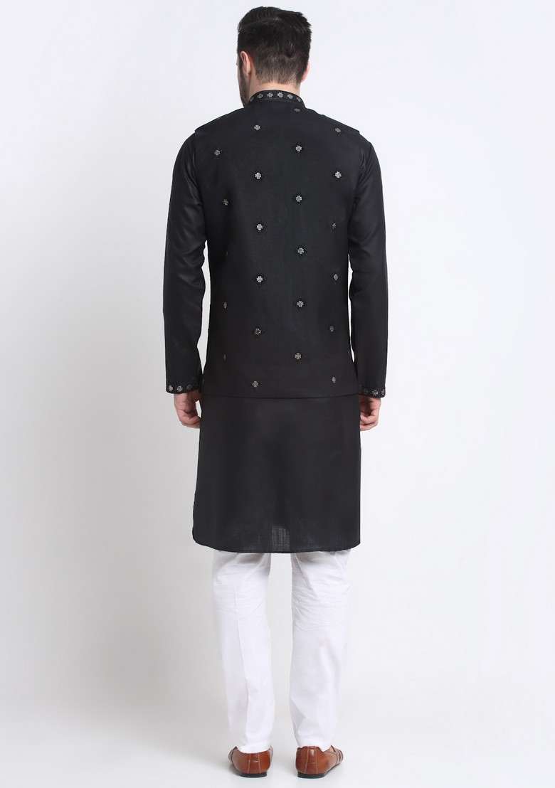 Black Embroidered Cotton Blend Nehru Jacket Set For Men - Indya