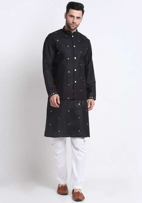 Black Embroidered Cotton Blend Nehru Jacket Set For Men