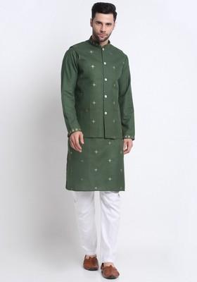 Green Embroidered Cotton Blend Nehru Jacket Set For Men