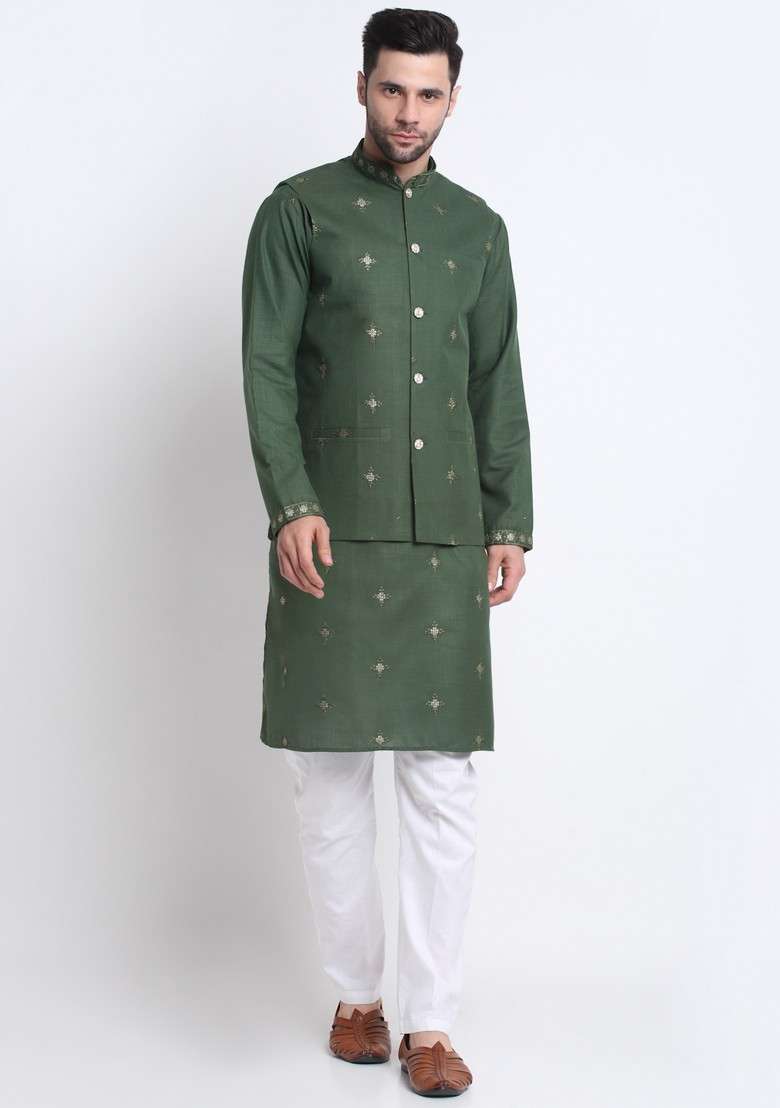 Green Embroidered Cotton Blend Nehru Jacket Set For Men - Indya