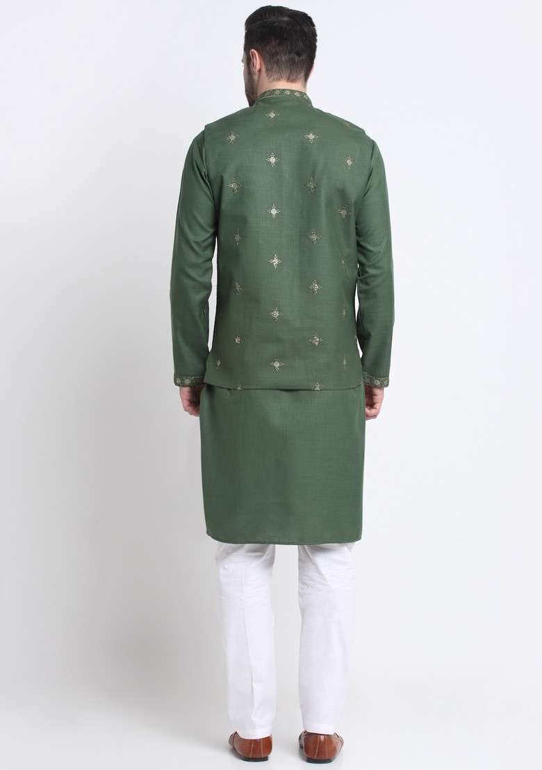 Green Embroidered Cotton Blend Nehru Jacket Set For Men - Indya