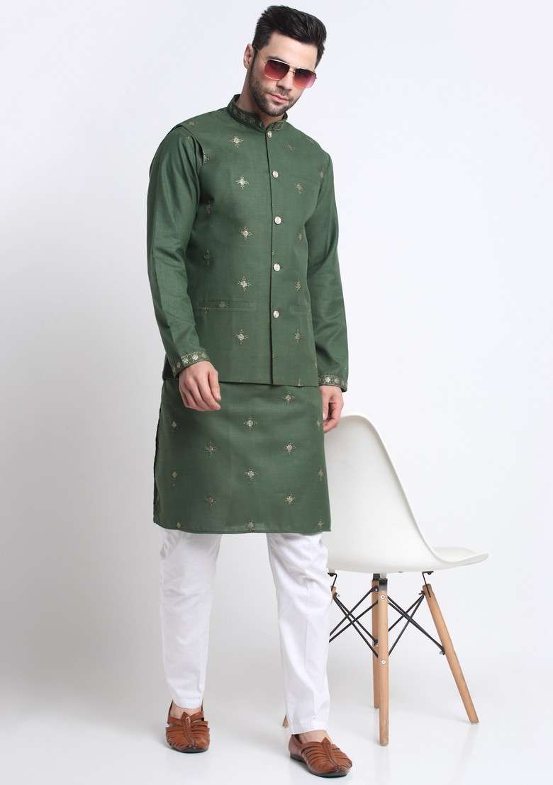 Green Embroidered Cotton Blend Nehru Jacket Set For Men - Indya
