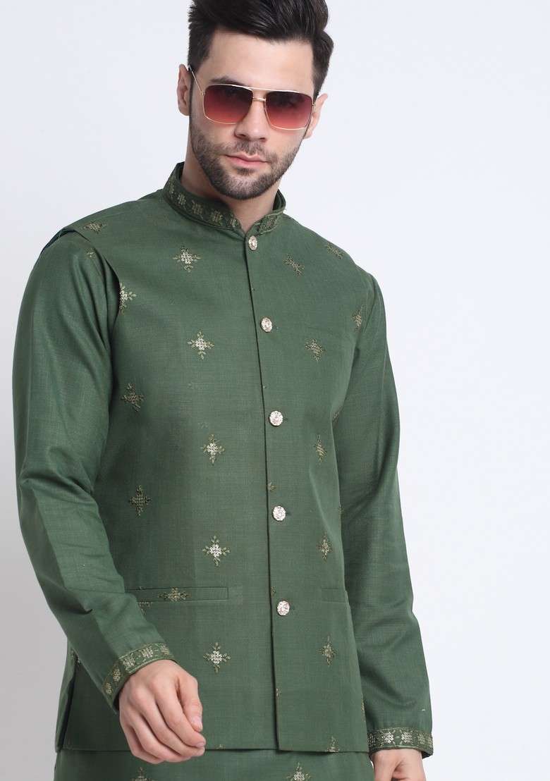 Green Embroidered Cotton Blend Nehru Jacket Set For Men - Indya