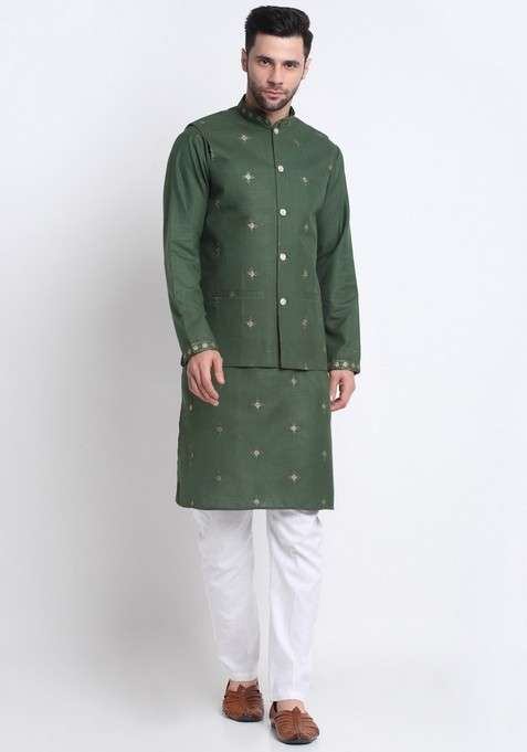 Green Embroidered Cotton Blend Nehru Jacket Set For Men