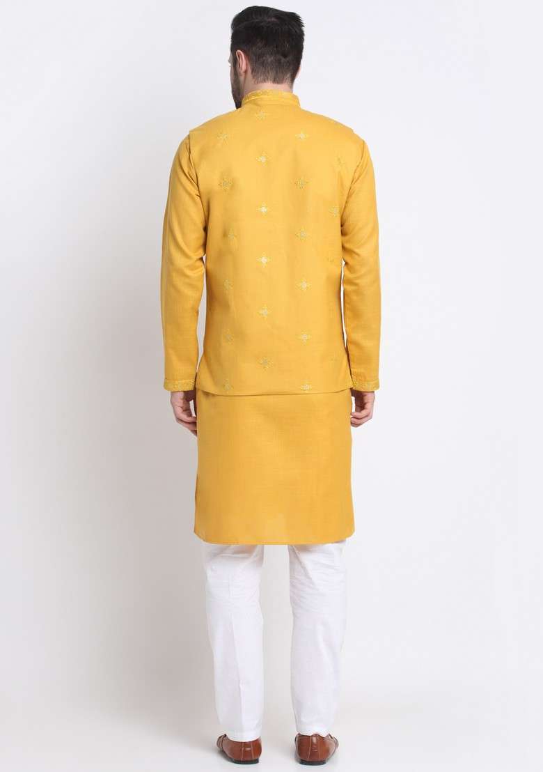 Yellow Embroidered Cotton Blend Nehru Jacket Set For Men - Indya