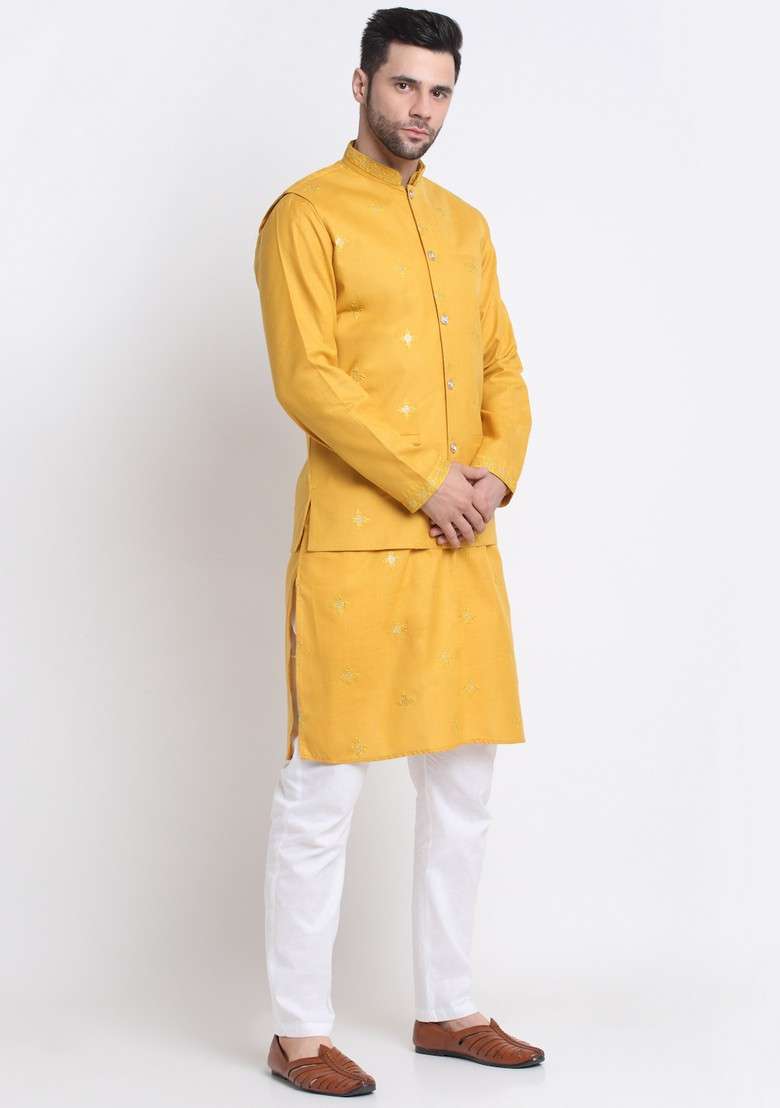 Yellow Embroidered Cotton Blend Nehru Jacket Set For Men - Indya