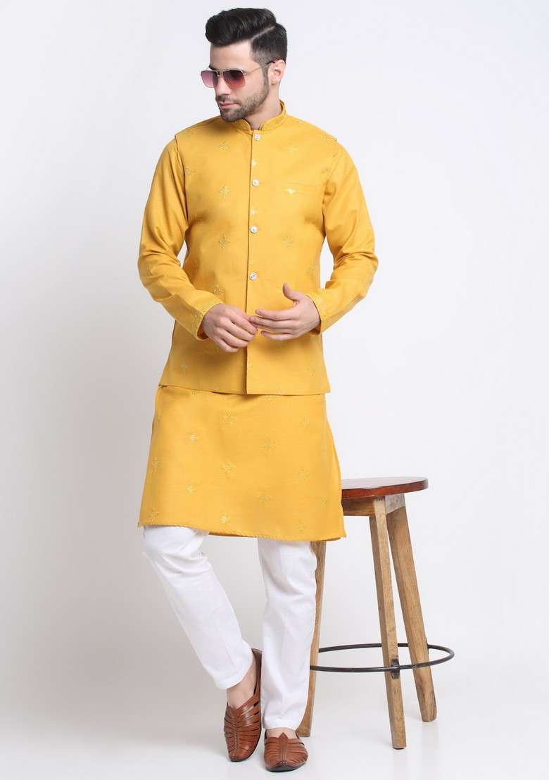 Yellow Embroidered Cotton Blend Nehru Jacket Set For Men - Indya