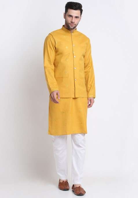 Yellow Embroidered Cotton Blend Nehru Jacket Set For Men