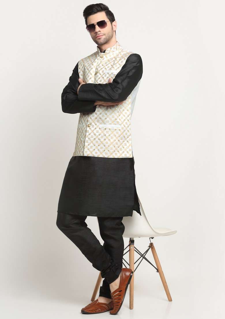 Black And Cream Embroidered Silk Blend Nehru Jacket Set For Men - Indya