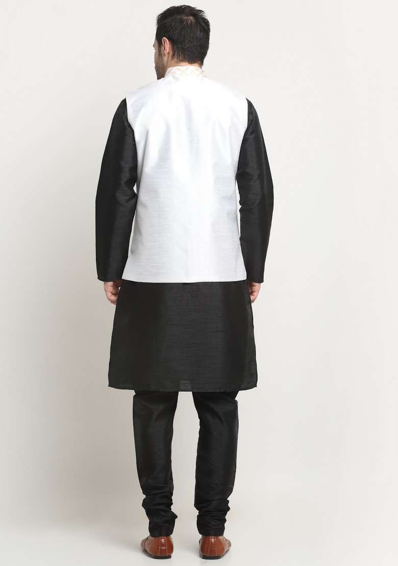 Black And Cream Embroidered Silk Blend Nehru Jacket Set For Men - Indya