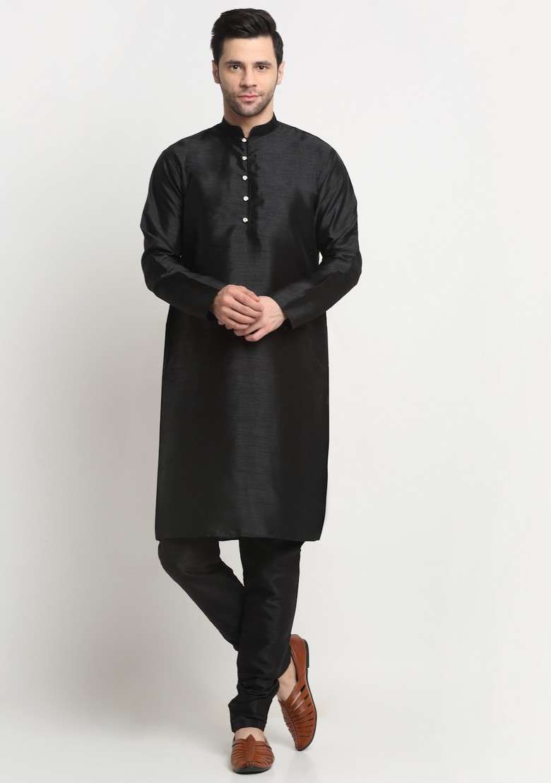 Black And Cream Embroidered Silk Blend Nehru Jacket Set For Men - Indya