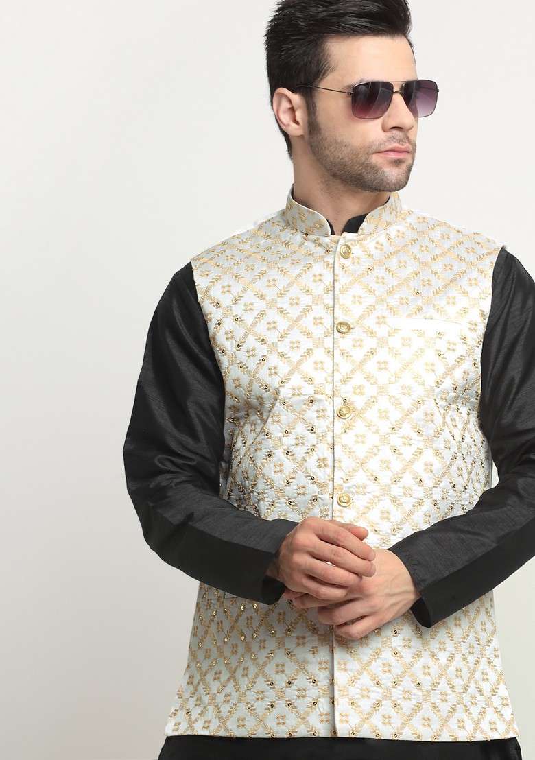 Black And Cream Embroidered Silk Blend Nehru Jacket Set For Men - Indya