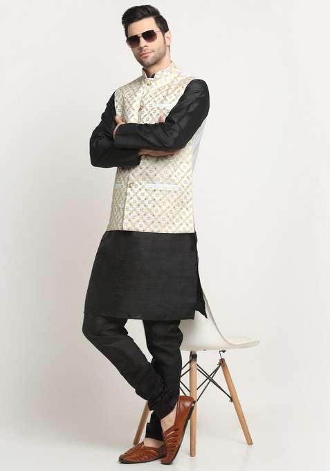 Black And Cream Embroidered Silk Blend Nehru Jacket Set For Men