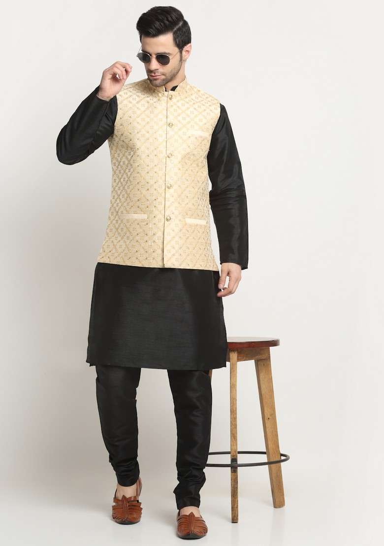 Black And Beige Embroidered Silk Blend Nehru Jacket Set For Men - Indya
