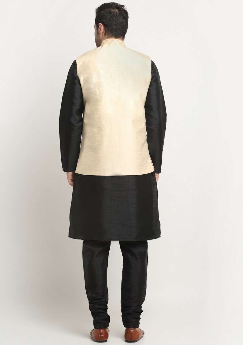 Black And Beige Embroidered Silk Blend Nehru Jacket Set For Men - Indya