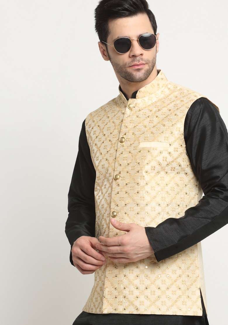 Black And Beige Embroidered Silk Blend Nehru Jacket Set For Men - Indya