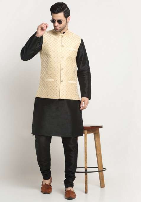 Black And Beige Embroidered Silk Blend Nehru Jacket Set For Men