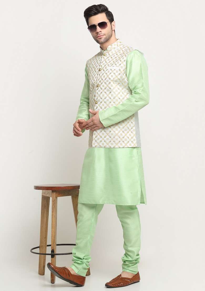 Sea Green And Cream Embroidered Silk Blend Nehru Jacket Set For Men - Indya