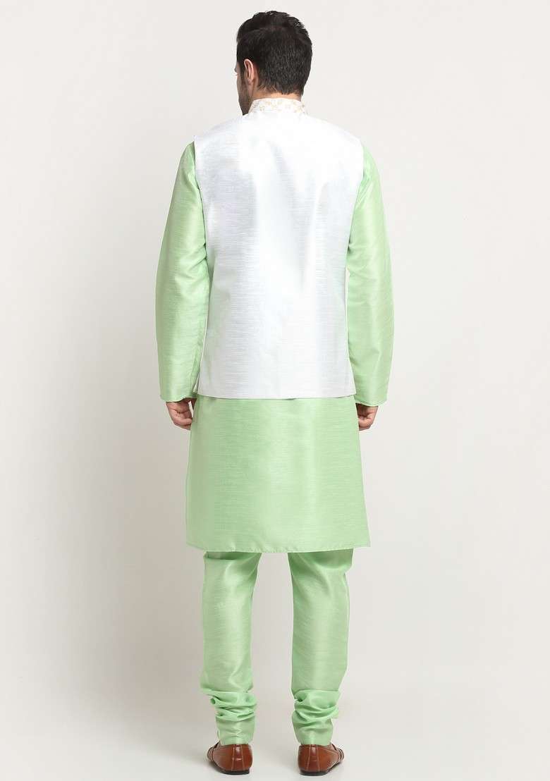 Sea Green And Cream Embroidered Silk Blend Nehru Jacket Set For Men - Indya