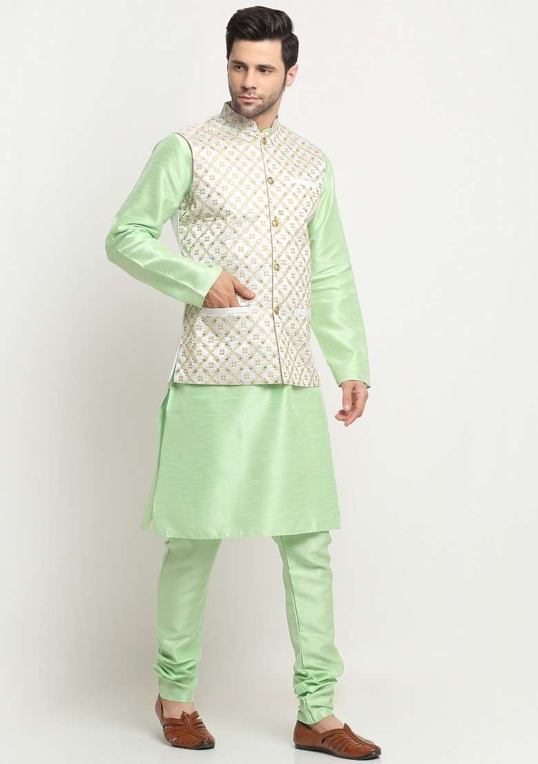 Sea Green And Cream Embroidered Silk Blend Nehru Jacket Set For Men - Indya