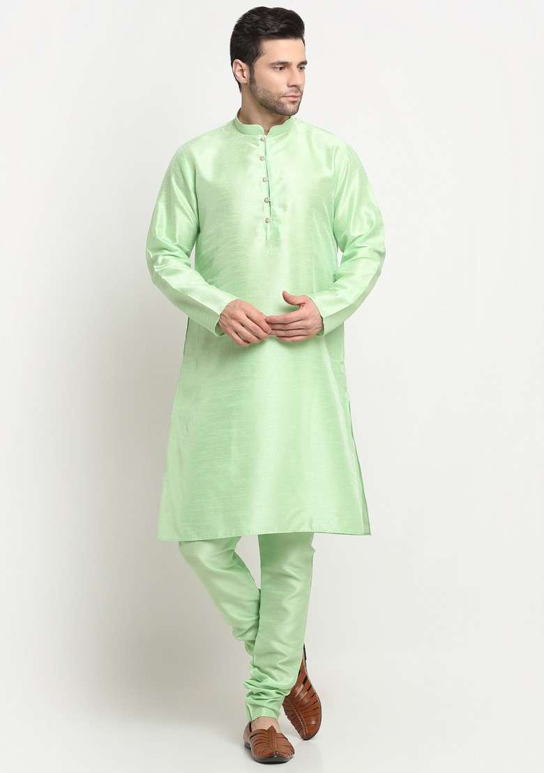 Sea Green And Cream Embroidered Silk Blend Nehru Jacket Set For Men - Indya