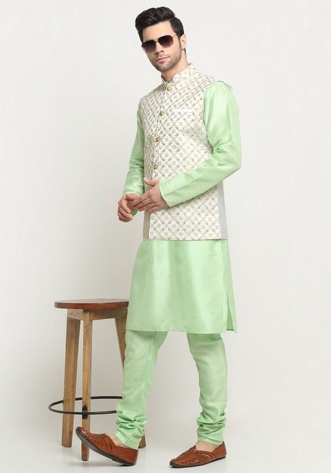 Sea Green And Cream Embroidered Silk Blend Nehru Jacket Set For Men
