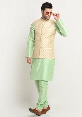 Sea Green And Beige Embroidered Silk Blend Nehru Jacket Set For Men