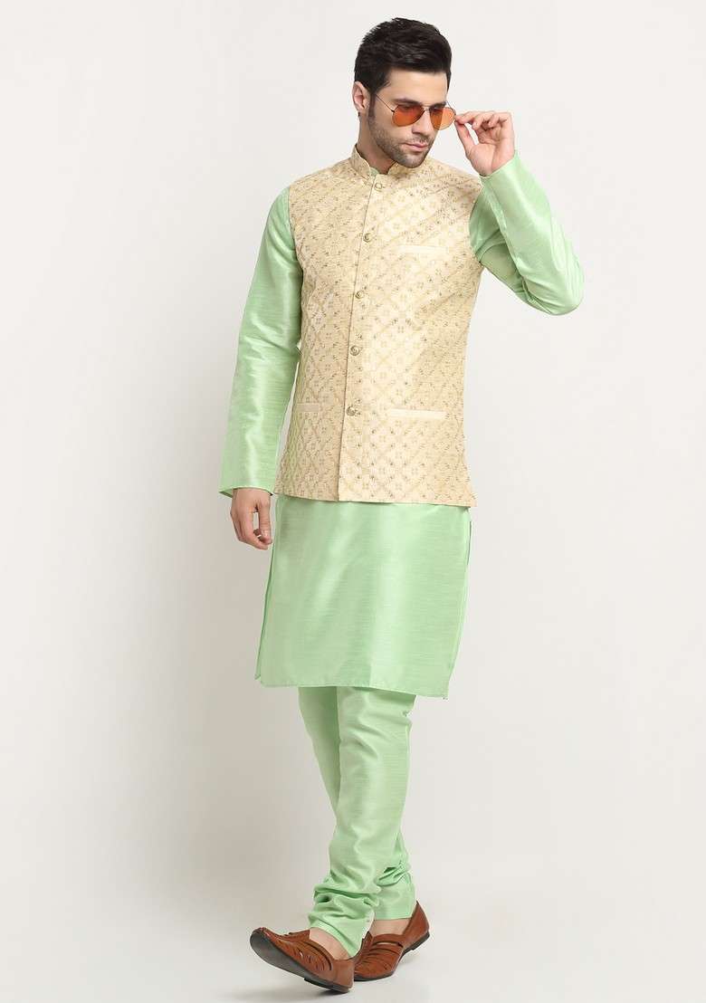 Sea Green And Beige Embroidered Silk Blend Nehru Jacket Set For Men - Indya
