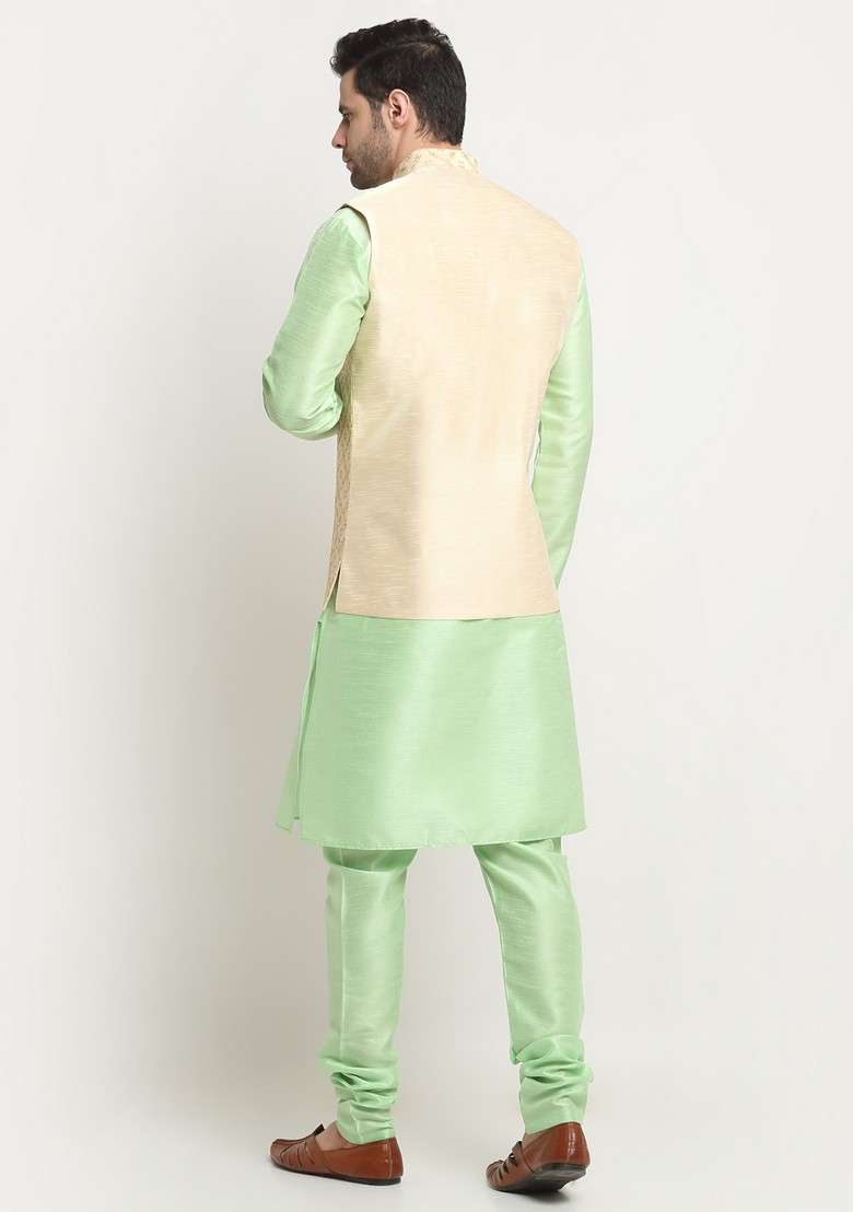 Sea Green And Beige Embroidered Silk Blend Nehru Jacket Set For Men - Indya