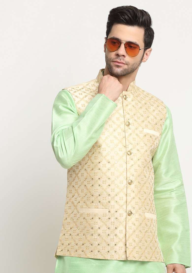 Sea Green And Beige Embroidered Silk Blend Nehru Jacket Set For Men - Indya