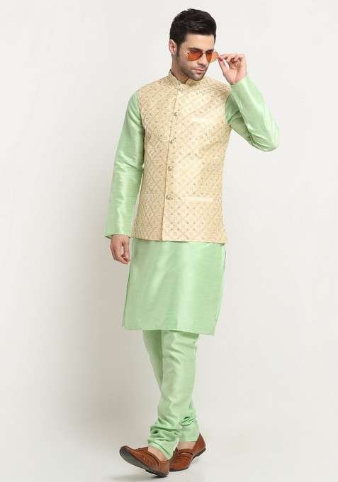 Sea Green And Beige Embroidered Silk Blend Nehru Jacket Set For Men